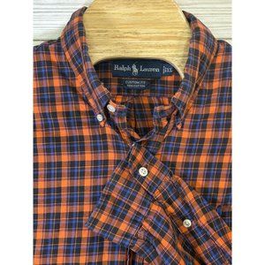 Ralph Lauren Men's Cotton Orange‎ Navy Plaid Long Sleeve Button Up Shirt XLarge